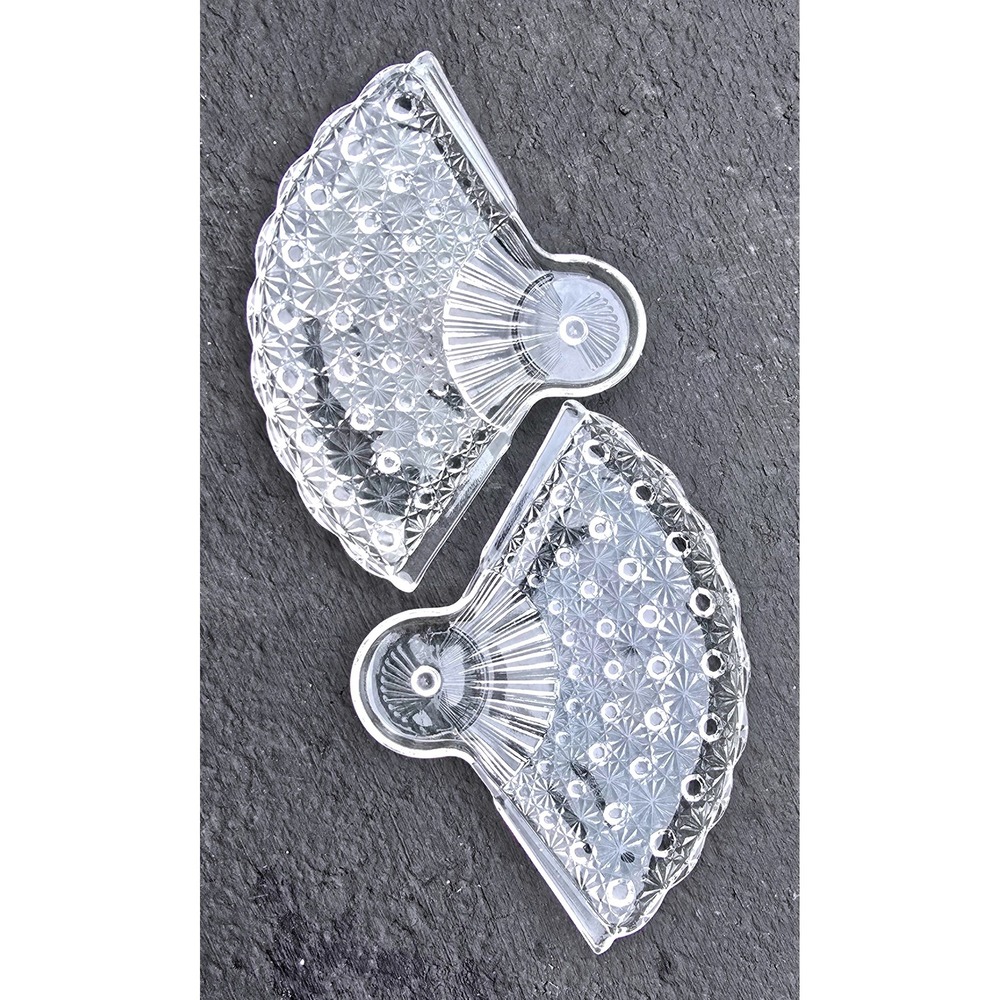 1960's Anchor Hocking Clear Fan Shaped Snack & Drink Plates Daisy and Button 2pc